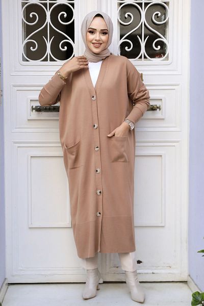 Neva Style Tricotaj Hijab Cardigan - Nasturi, Biscuit 30582BS