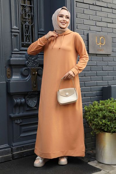 Neva Style Φόρεμα Camel με Πληρώματα και Κουκούλα - 50421C