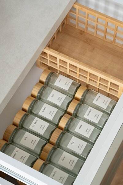 Dekorzdükkan 12'li Bambu Kapaklı Kare Baharatlık Seti (25 ADET ETİKET) Dkrz-518, One Size