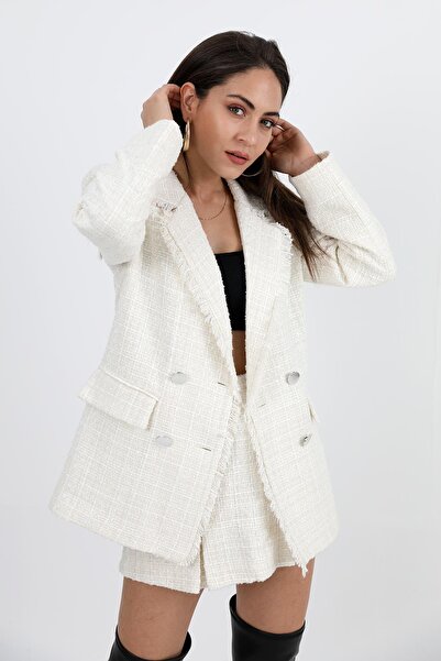 VAPUR TEKSTİL Tweed Blazer Jacket - Tassel Collar, Buttoned, Ecru