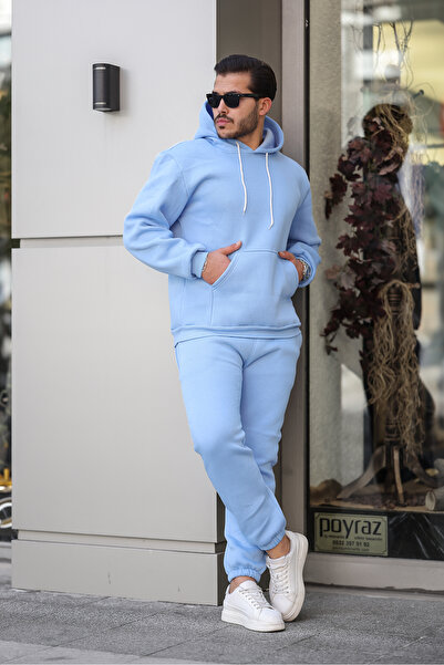 YAKAMEL Erkek Bol Oversize 3 İplik İçi Pamuklu Kanguru Cep Kapşonlu Lastikli Paça Jogger Kış Eşofman Takımı