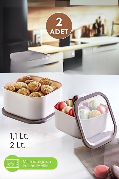 GRİMOR Life 1.1 Lt.+2 Lt. Beige-Microwave Food Storage Container - 2 Pieces