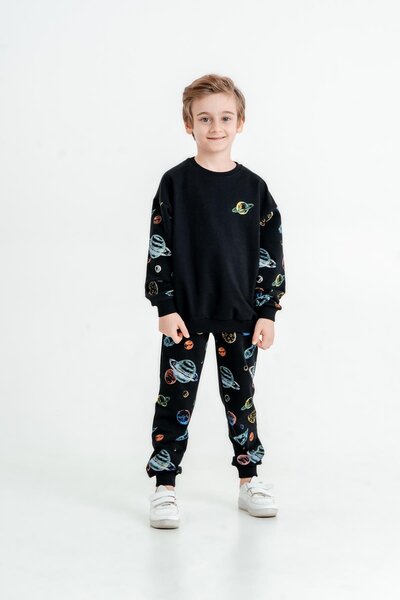 Mışıl Kids Gezegen Baskılı Bisiklet Yaka Alt Üst Çocuk Eşofman Takımı