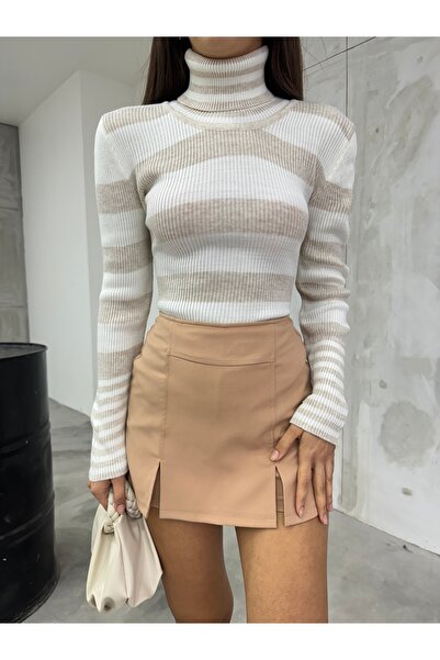 BİKELİFE Pulover de damă bej cu dungi din lycra cu textura moale tricotaje de bază