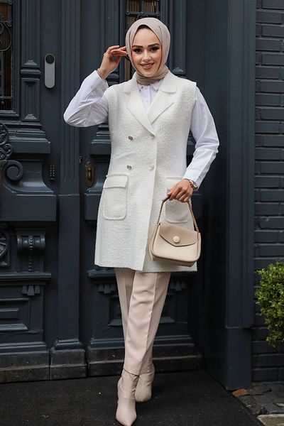 Neva Style Buttoned White Hijab Vest 61392B