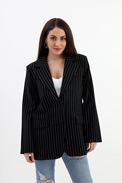 VAPUR TEKSTİL Black Striped Atlas Blazer Jacket