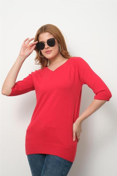 Clothes Fast Women's Red Raglan Sleeve V-Neck Sweater