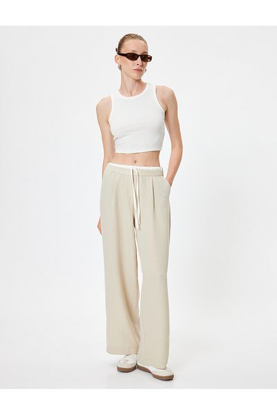 Koton Hose mit weitem Bein, Viskosestoff, mit Taschen und Bindebändern an der Taille