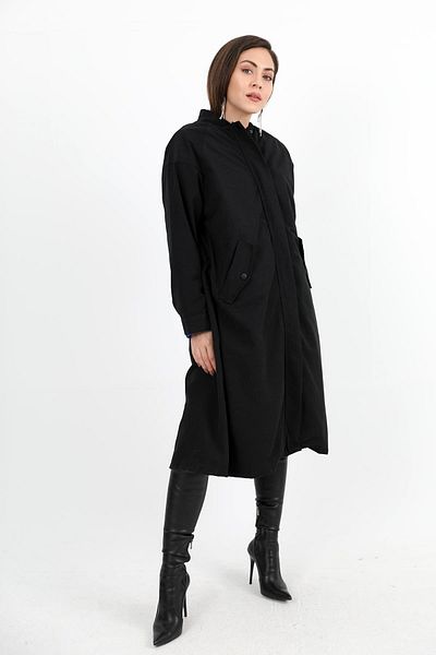 VAPUR TEKSTİL Black Trench Coat - Ribbed Collar, Snap Sleeve and Zipper