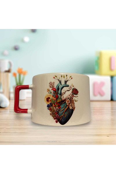 GameFruy Floral Heart Printed Double Sided Lettering Latte Cup (Red Handle)