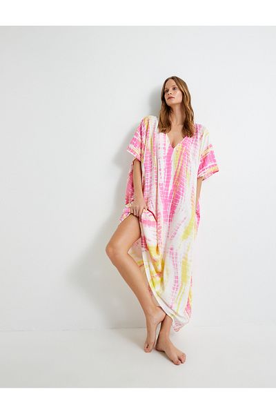 Koton Viskoses Oversize-Strandkleid – Batikmuster, V-Ausschnitt