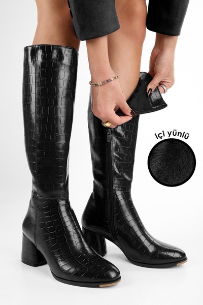 Shoeberry Women's Kiella Black Crocodile Heeled Boots