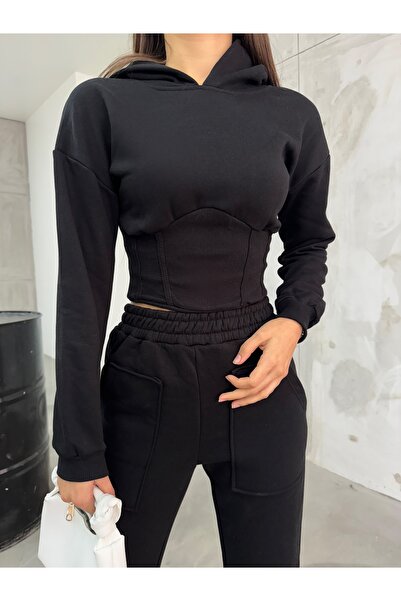 BİKELİFE Női fekete rózsa arany három szálú fűző részletes Crop Sweat tréningruha szett