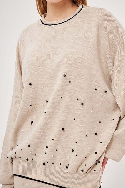 armonika Women's Beige Crew Neck Bead Detailed Knitwear Double Suit Arm-25K 012003