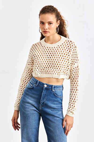 YOUR NAME Ajur Detaylı Crop Krem Kadın Triko