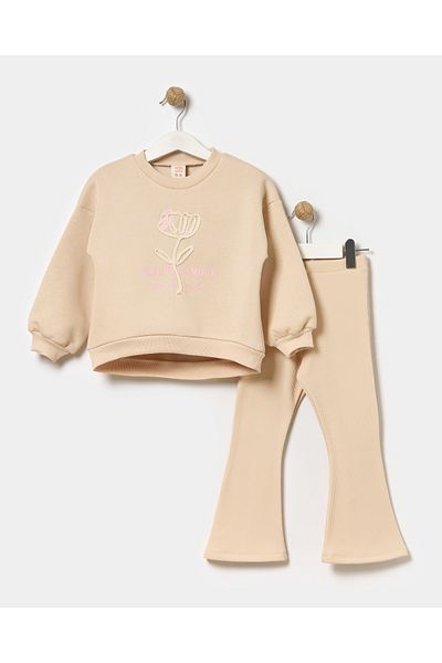 Minipodyum Girl's Cord Flower Embroidered Double Set