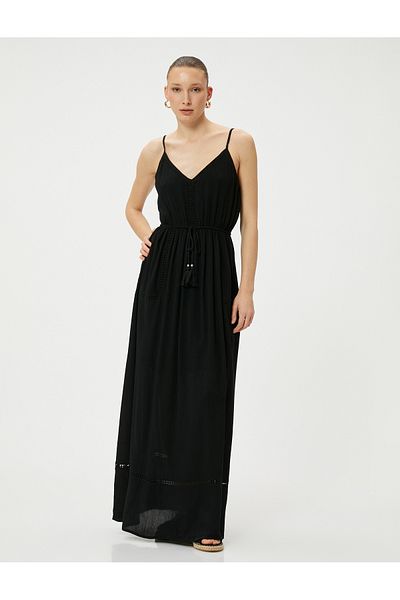 Koton Langes Kleid aus Viskose mit Hosenträgern – Schnürung an der Taille und Quasten
