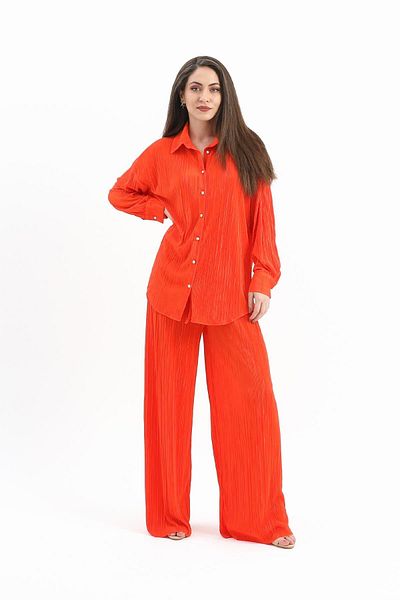 VAPUR TEKSTİL Orange Knitted Pleated Set - Button Detailed