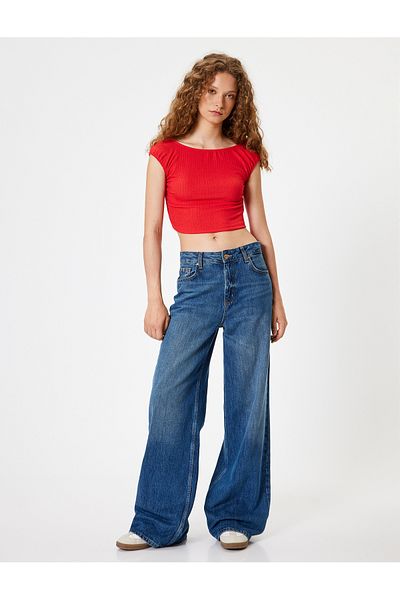 Koton Slim Fit Crop T-Shirt - Wrap, Back Detailed Cap Sleeve, Boat Neck