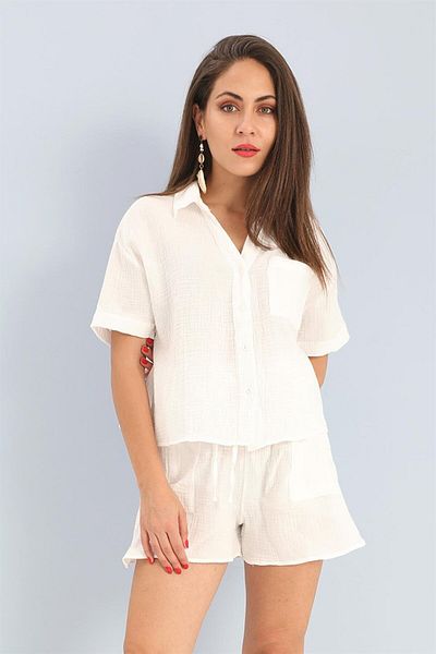 VAPUR TEKSTİL Ecru Muslin Set Shirt and Shorts
