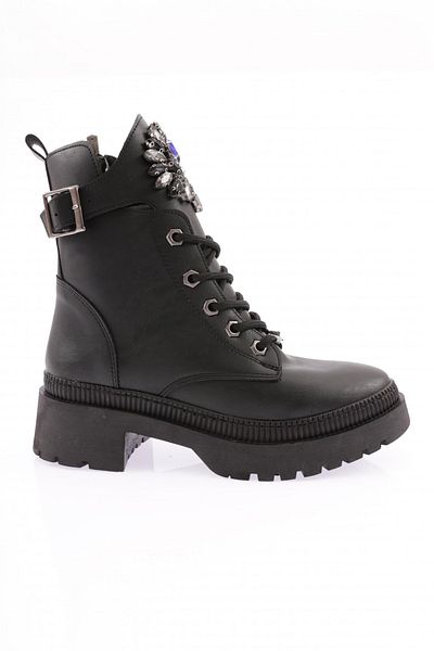 DGN Black Women's Boots with Crystal Stones and Brooch Detail
