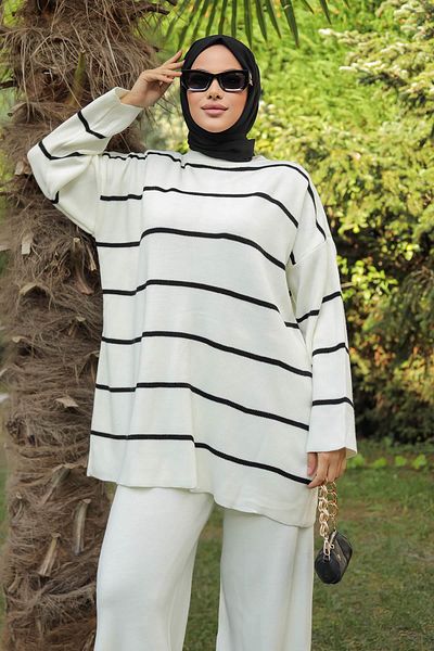 MİSSKAYLE Λευκό πλεκτό σετ - Stripe Detailed 1223