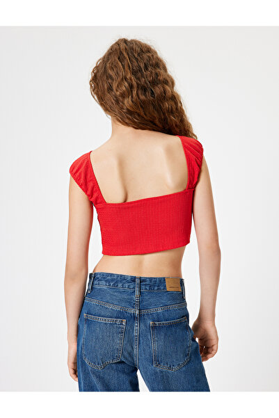 Koton Slim Fit Crop T-Shirt - Wrap, Back Detailed Cap Sleeve, Boat Neck