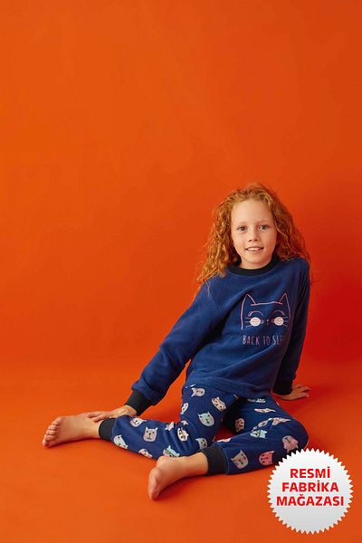 Aydoğan Girl's Winter Fleece Navy Blue Long Sleeve Pajamas Set 1682 - Aydogan ®