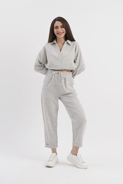 VAPUR TEKSTİL Sequined Striped Linen Set - Khaki