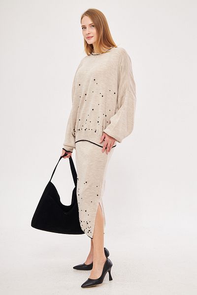 armonika Women's Beige Crew Neck Bead Detailed Knitwear Double Suit Arm-25K 012003