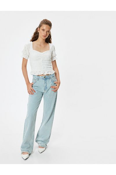 Koton Scallop Square Collar and Gathered Ruffle Detailed Balloon Sleeve Blouse
