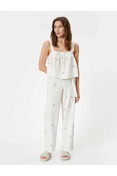Koton Linen Blended Floral Embroidered Pajama Bottoms