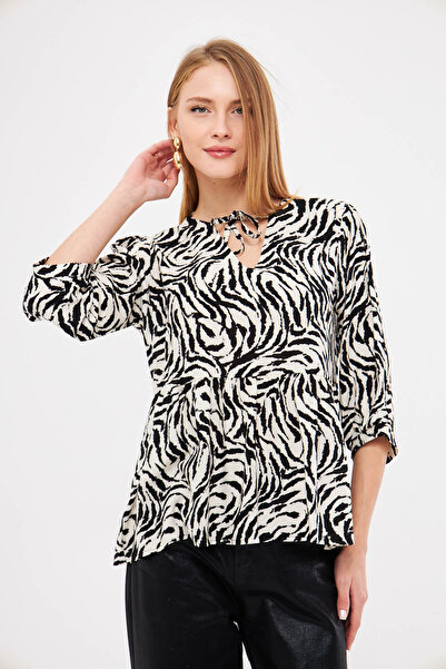 armonika Women's Black-White Collar Tie Detailed Drawstring Quarter Sleeve Blouse Arm-25K 001044