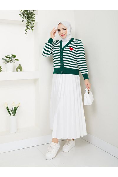 Nergis Neva Butik Κοντή ριγέ ζακέτα καρδιάς
