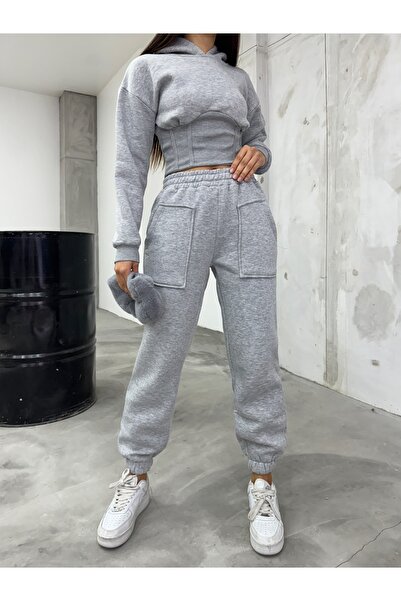 BİKELİFE Női szürke emelt háromszálas fűző részlet Crop Sweat tréningruha szett