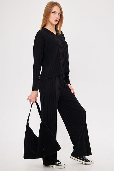 armonika Women's Black V-Neck Double Knitwear Suit Arm-25K 012002