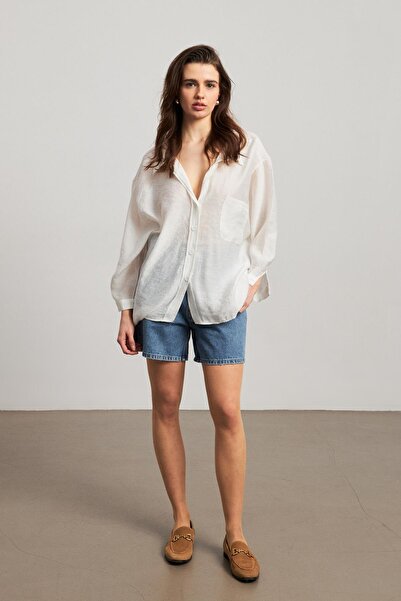 YOUR NAME Cămașă albă supradimensionată pentru femei cu buzunar pe umăr