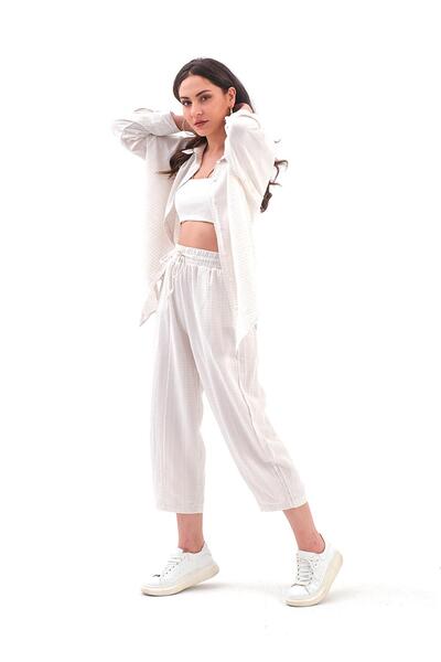 VAPUR TEKSTİL Linen Double Set - Crinkle Fabric, Ecru