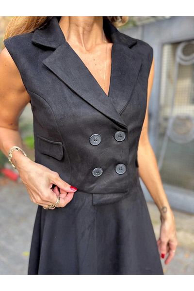 Maldia Shop Women's Suede Fabric Black Crop Vest 3406