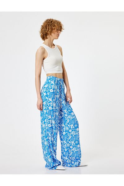 Koton Ethnic Printed Wide Leg Viscose Trousers - Waist Lace-up
