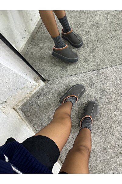 MYVOLANTE Γυναικείες γκρι γούνινες παντόφλες σουέτ με επίπεδη σόλα