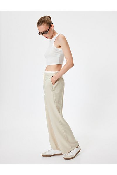 Koton Hose mit weitem Bein, Viskosestoff, mit Taschen und Bindebändern an der Taille