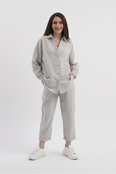 VAPUR TEKSTİL Sequined Striped Linen Set - Khaki