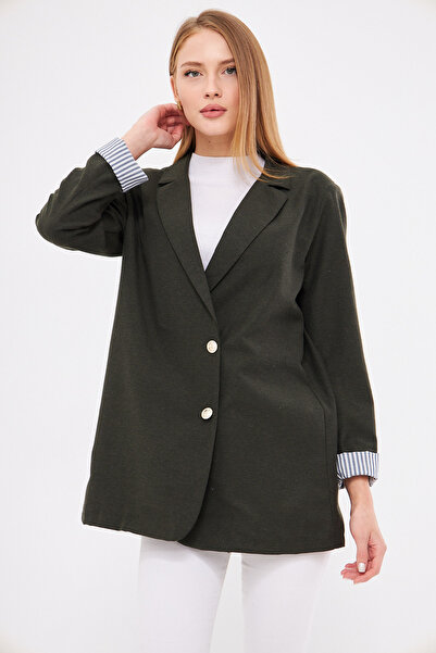 armonika Jachetă blazer oversize kaki cu guler dublu cu detaliu pliat - ARM-2...