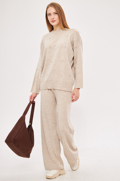 armonika Women's Beige Zero Collar Stone Detailed Knitwear Double Suit Arm-25K 012008