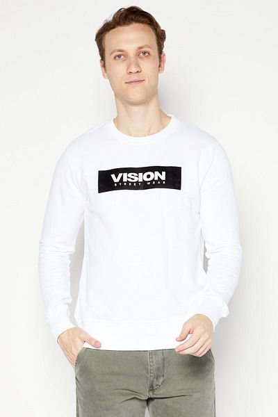 Vision Street Wear Men Crew Neck Long Sleeve Brand Logo Sweatshirt, White