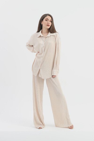 VAPUR TEKSTİL Beige Knitted Pleated Set - Button Detailed