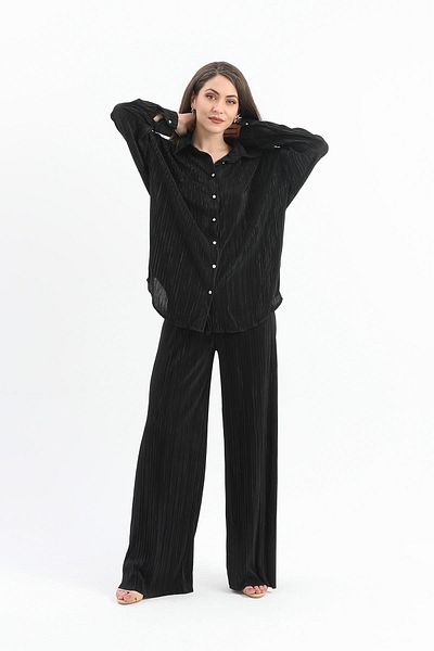 VAPUR TEKSTİL Black Knitted Pleated Set - Button Detailed