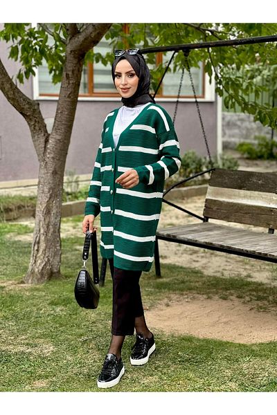 Nergis Neva Butik Ριγέ μακριά ζακέτα
