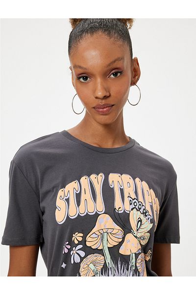 Koton Cotton Oversize Short Sleeve T-Shirt - Slogan Printed, Crew Neck